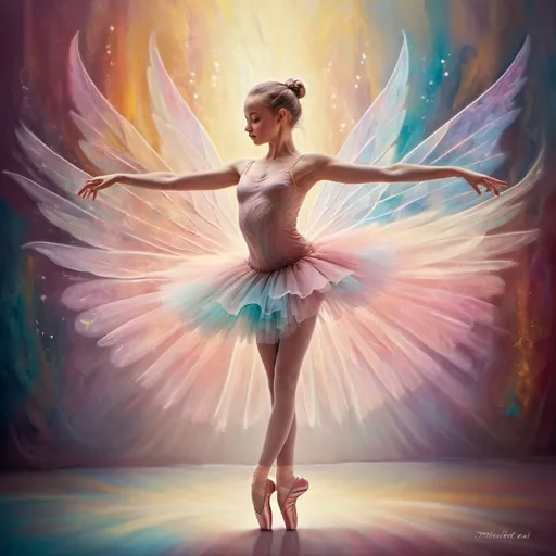 Prompt: (accurately spelled text "mommy's lil dancer"), surrealism style, (vibrant color scheme), enchanting fairy ballerina, delicate wings shimmering, whimsical pose with flowing tutu, dreamlike atmosphere, colorful background with swirling patterns, ethereal light illuminating the scene, captivating details, (dramatic colors), high-quality, engaging composition, vibrant emotional tone.