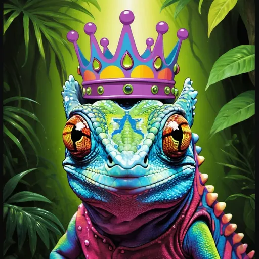 Prompt: psychedelic chameleon wearing a crown, jungle, melting, concert poster, trick of the eye painting