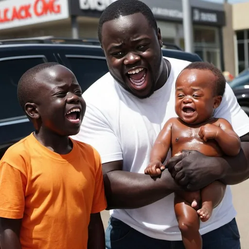 Prompt: little Down syndrome boy being laughed at buy big black oiled up men