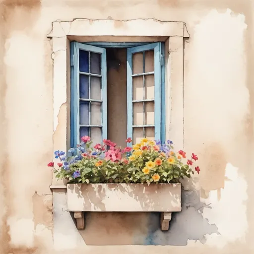 Prompt: vast beige grunge wall with open blue window with colorful flowers. watercolor technique