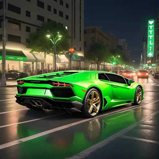 Prompt: Green Lamborghini at stoplight, glossy finish, urban street, vibrant green, high-end vehicle, turning at intersection, city lights reflecting, high quality, detailed, realistic, luxury car, dynamic lighting, professional rendering, vibrant colors, urban setting, stoplight, sleek design