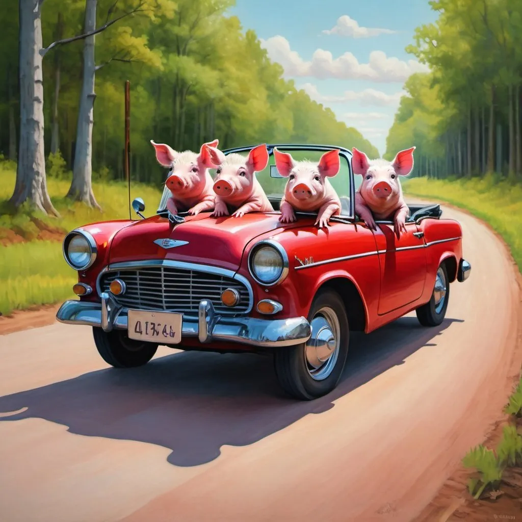 Prompt: Four (4) piglets sitting in a red convertible, each wearing a shirt, and a hat on their head. The car is on a country road in a forest. The resulting image is in art naive painting style.
