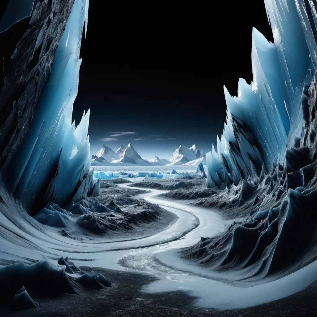 Prompt: Ice planet, frozen to death, glaciers, mountains, oceans frozen, white and blue shades, black background, space, 