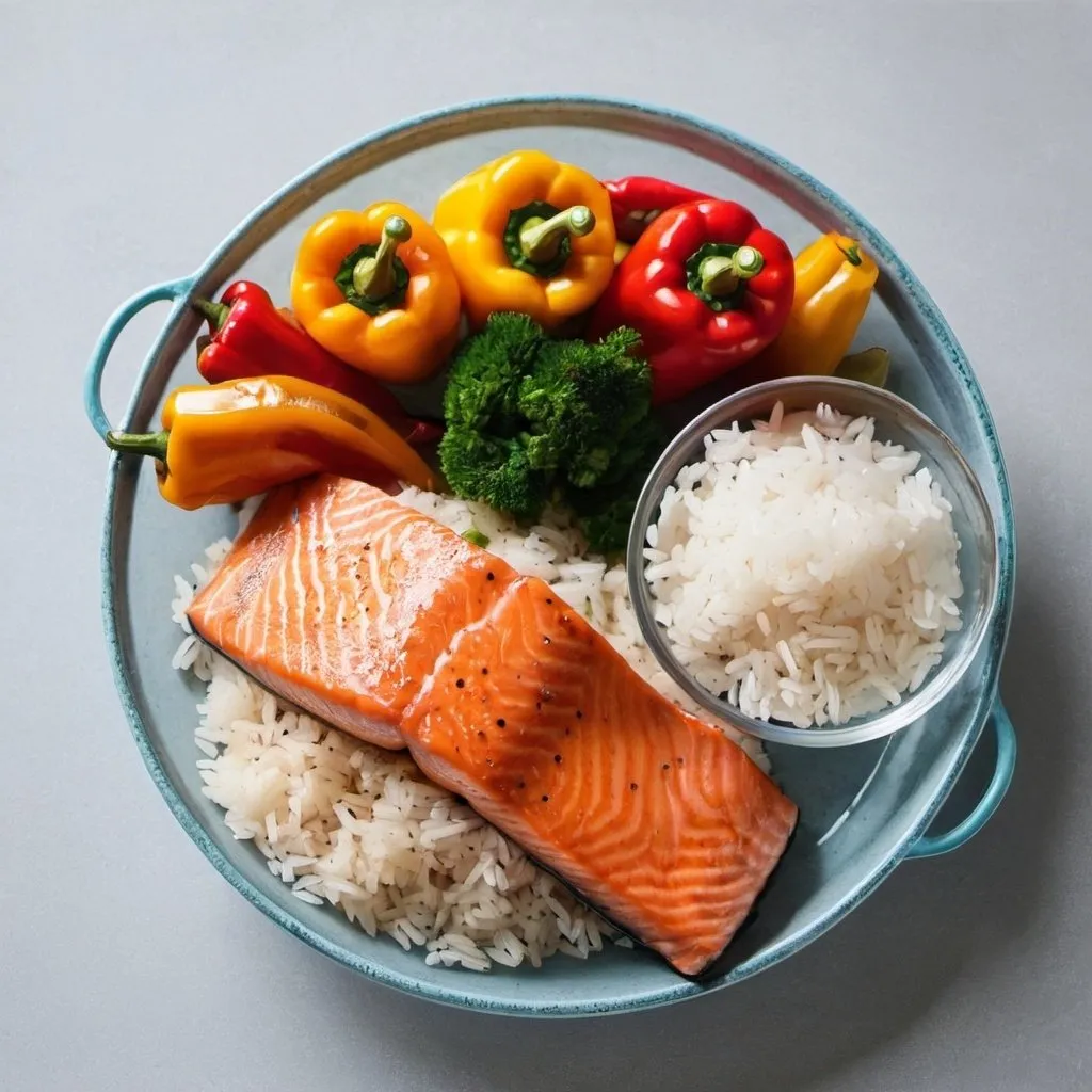 Prompt: healthy meal containing salmon, rice, peppers and water