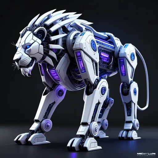 Prompt: Create a highly detailed, high-resolution image of a mech lion with a sleek, futuristic design. The lion mech should have an intense blue and purple color scheme, with sparkling neon lights and LED lights for eyes. The design should emphasize a powerful, majestic build with intricate mechanical details. The environment should feature atmospheric lighting, enhancing the metallic sheen and dynamic appearance of the lion mech.