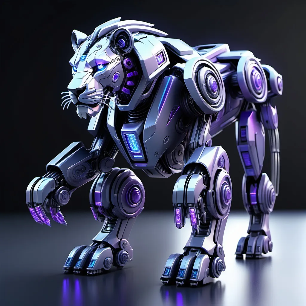 Prompt: Create a highly detailed, high-resolution image of a mech lion with a sleek, futuristic design. The lion mech should have an intense blue and purple color scheme, with sparkling neon lights and LED lights for eyes. The design should emphasize a powerful, majestic build with intricate mechanical details. The environment should feature atmospheric lighting, enhancing the metallic sheen and dynamic appearance of the lion mech.