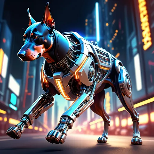 Prompt: (Mecha Doberman running fast), ultra-detailed, cutting-edge mechanical design, dynamic motion, metallic textures, high-energy, action-packed, intricate circuitry, glowing LED elements, sleek armor, futuristic cityscape background, neon lights, dramatic motion blur, cinematic bright highlights, vibrant and intense colors, high-contrast lighting, photorealistic, ultra-HD, action-focused, adrenaline-pumping atmosphere, sense of urgency, powerful, and strong presence.