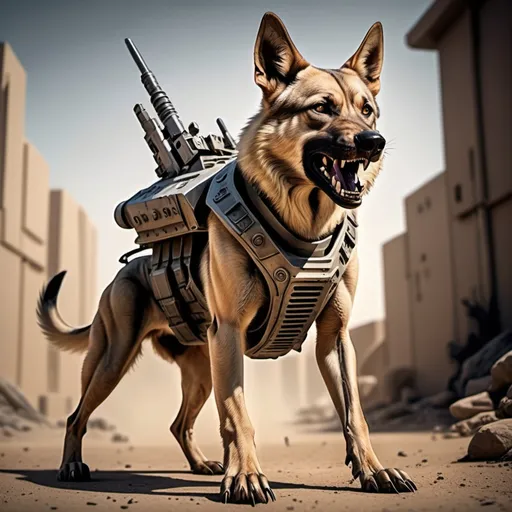 Prompt: warrior dog scared to stand up right like all the other dogs in the mercenary corps in the future when animals are evolved enough to take over the earth, evolved animals, futuristic weaponry, psychedelic, intricate details, war