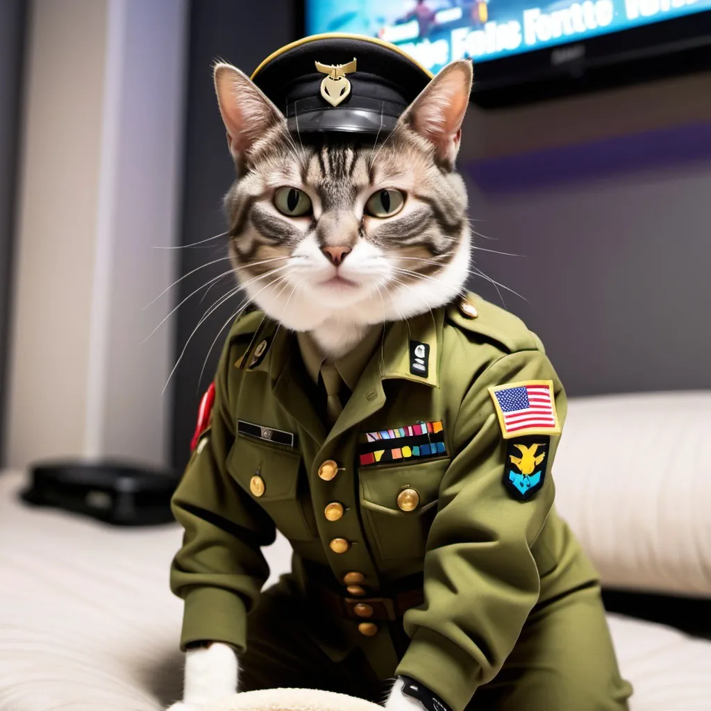 Prompt: cat playing fortnite in army uniform