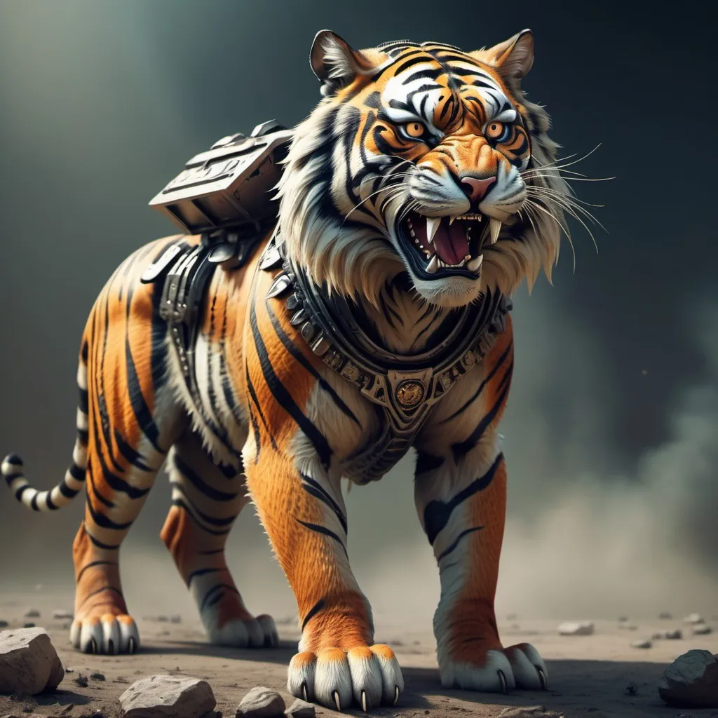 Prompt: warrior tiger scared to stand up right like all the other dogs in the mercenary corps in the future when animals are evolved enough to take over the earth, evolved animals, futuristic weaponry, psychedelic, intricate details, war