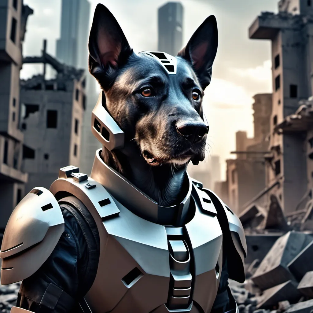 Prompt: futuristic, fps, military armor, dog shaped helmet, background city ruins, Hyper realistic, sharp focus, Professional, UHD, HDR, 8K, dark vibe, loud, tension, traumatic, dark, violent, fighting