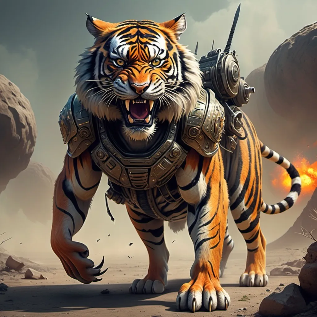 Prompt: warrior tiger scared to stand up right like all the other dogs in the mercenary corps in the future when animals are evolved enough to take over the earth, evolved animals, futuristic weaponry, psychedelic, intricate details, war