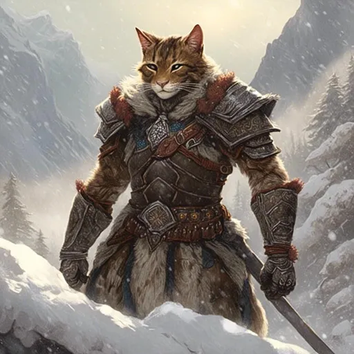 Prompt: <mymodel>Khajiit from Skyrim, Khajiit warrior wearing leather armor, beautiful, highly detailed and intricate, on snowy mountains, hypermaximalist, ornate, luxury, elite, ominous, haunting, matte painting, cinematic, cgsociety, James jean, Brian froud, ross tran