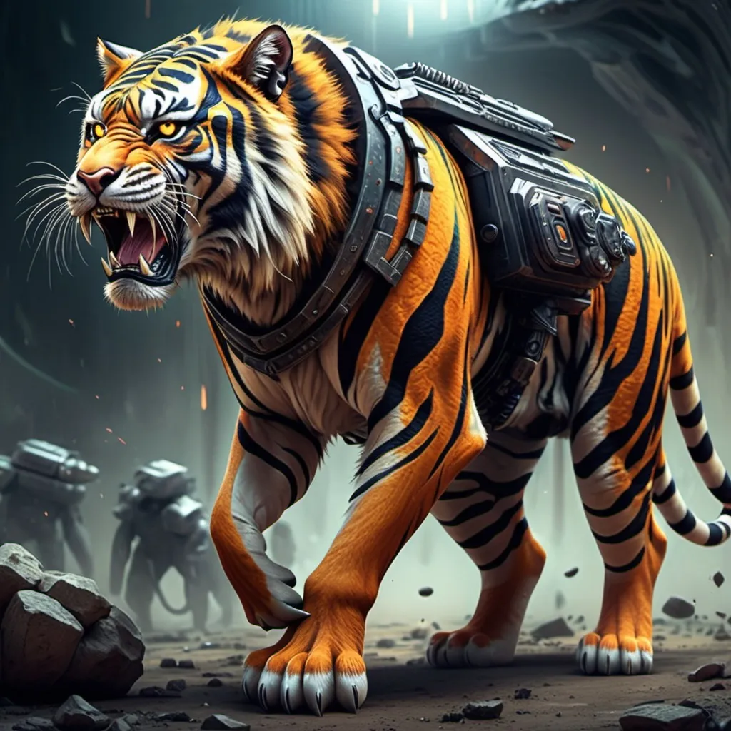 Prompt: warrior tiger scared to stand up right like all the other tiger in the mercenary corps in the future when animals are evolved enough to take over the earth, evolved animals, futuristic weaponry, psychedelic, intricate details, war