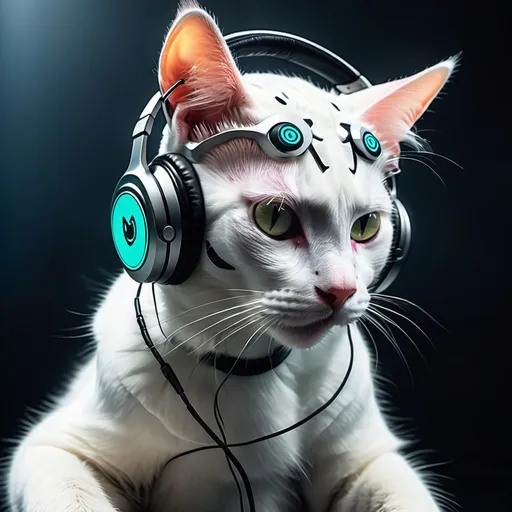 Prompt: Cat in the headphones dancing cyberpunk