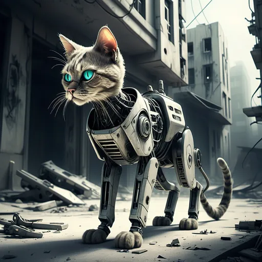 Prompt: Futuristic post-warzone city, abandoned old buildings, desolate streets, empty and eerie atmosphere, detailed cat with hopeful expression, CAT WITH MECHANICAL LEG USED AS WAR MACHINE, cybernetic enhancements, highres, ultra-detailed, dystopian, futuristic, post-apocalyptic, cat searching for hope, cool tones, atmospheric lighting