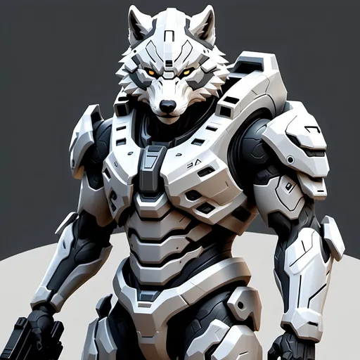 Prompt: Draw me a futuristic warrior in the Halo style with grey and white armor color scheme, and wolf style detailing on the armor. Have him wielding a futuristic assault rifle.