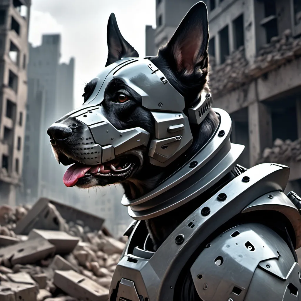 Prompt: futuristic, fps, military armor, dog shaped helmet, background city ruins, Hyper realistic, sharp focus, Professional, UHD, HDR, 8K, dark vibe, loud, tension, traumatic, dark, violent, fighting