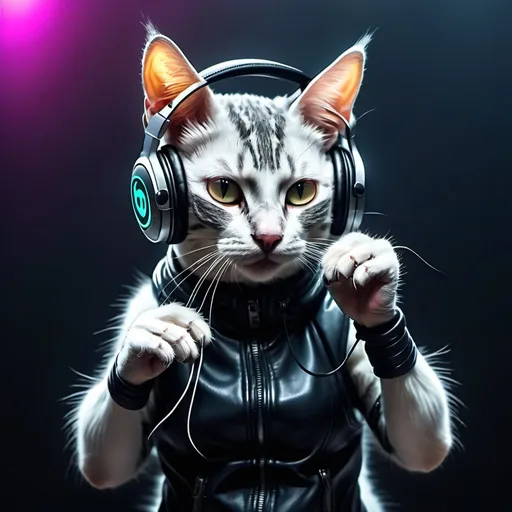 Prompt: Cat in the headphones dancing cyberpunk