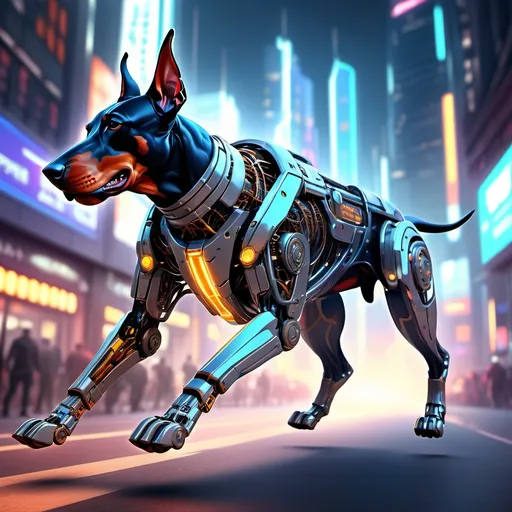 Prompt: (Mecha Doberman running fast), ultra-detailed, cutting-edge mechanical design, dynamic motion, metallic textures, high-energy, action-packed, intricate circuitry, glowing LED elements, sleek armor, futuristic cityscape background, neon lights, dramatic motion blur, cinematic bright highlights, vibrant and intense colors, high-contrast lighting, photorealistic, ultra-HD, action-focused, adrenaline-pumping atmosphere, sense of urgency, powerful, and strong presence.