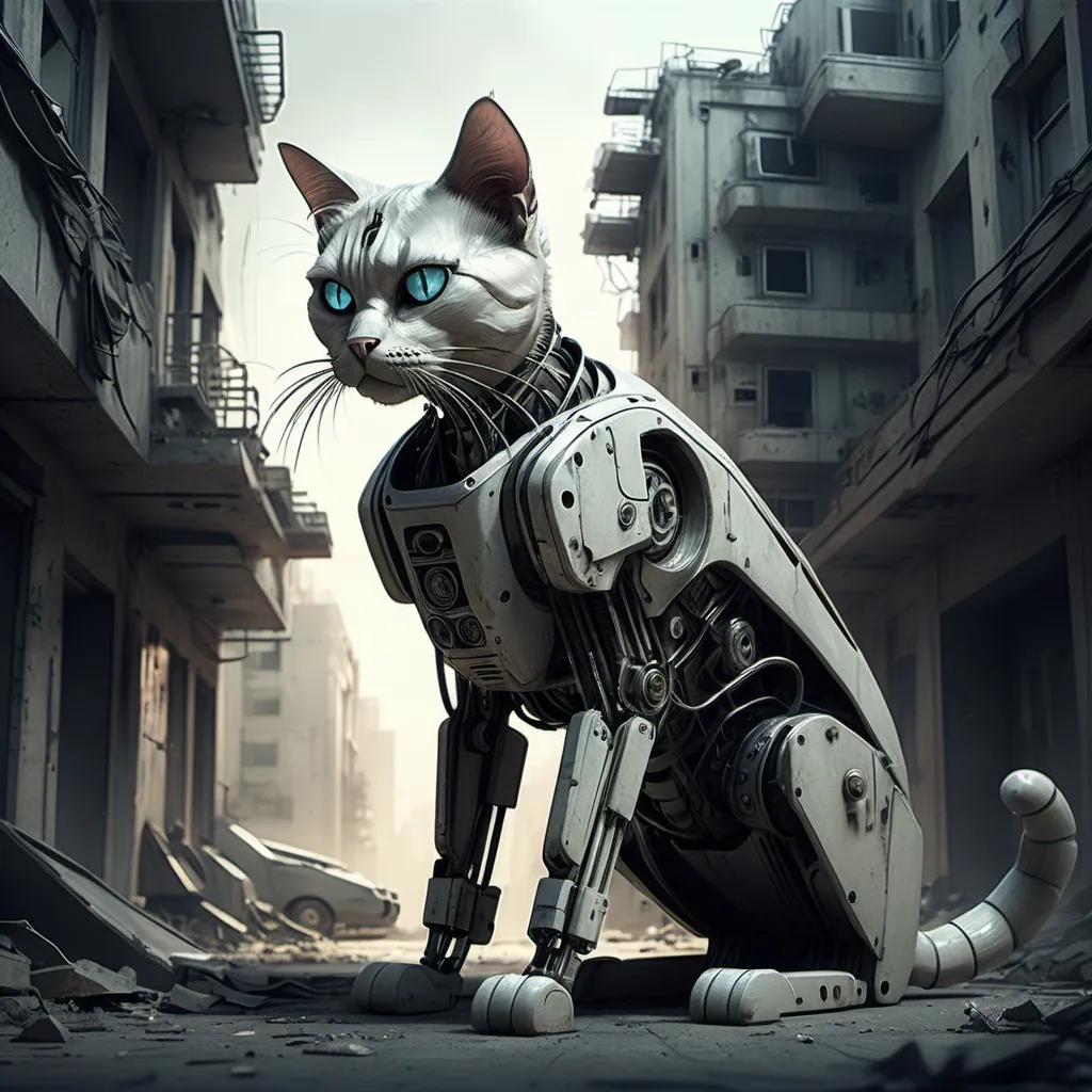 Prompt: Futuristic post-warzone city, abandoned old buildings, desolate streets, empty and eerie atmosphere, detailed cat with hopeful expression, CAT WITH MECHANICAL LEG USED AS WAR MACHINE, cybernetic enhancements, highres, ultra-detailed, dystopian, futuristic, post-apocalyptic, cat searching for hope, cool tones, atmospheric lighting