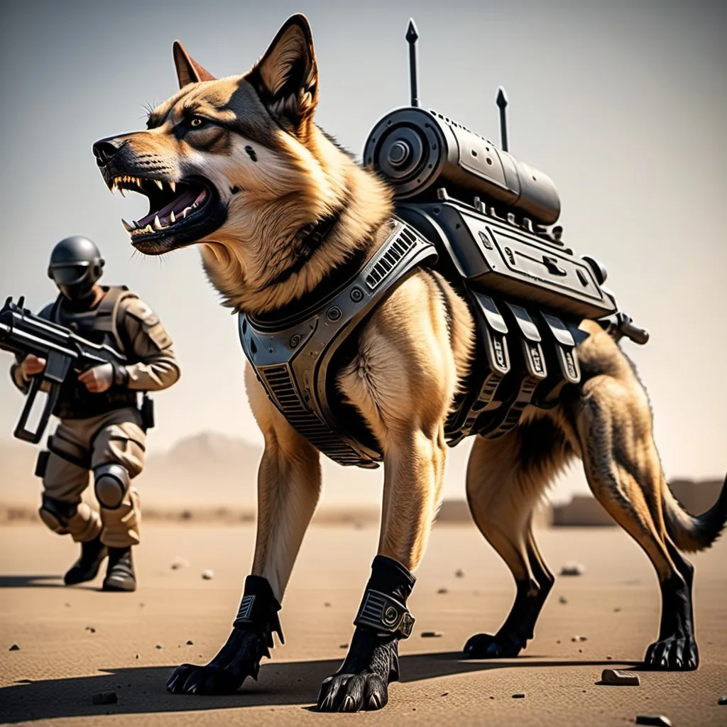 Prompt: warrior dog scared to stand up right like all the other dogs in the mercenary corps in the future when animals are evolved enough to take over the earth, evolved animals, futuristic weaponry, psychedelic, intricate details, war