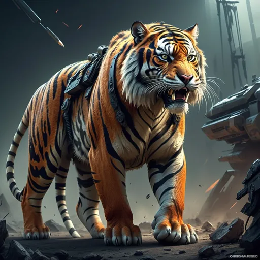 Prompt: warrior tiger scared to stand up right like all the other tiger in the mercenary corps in the future when animals are evolved enough to take over the earth, evolved animals, futuristic weaponry, psychedelic, intricate details, war