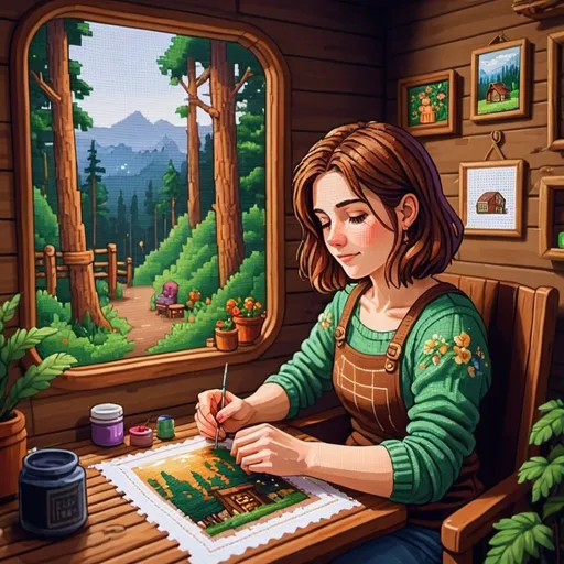 Prompt: painting in the style of stardew valley of a woman in a forest with brown hair in a bob style, sitting in a comfy space doing some cross stitch