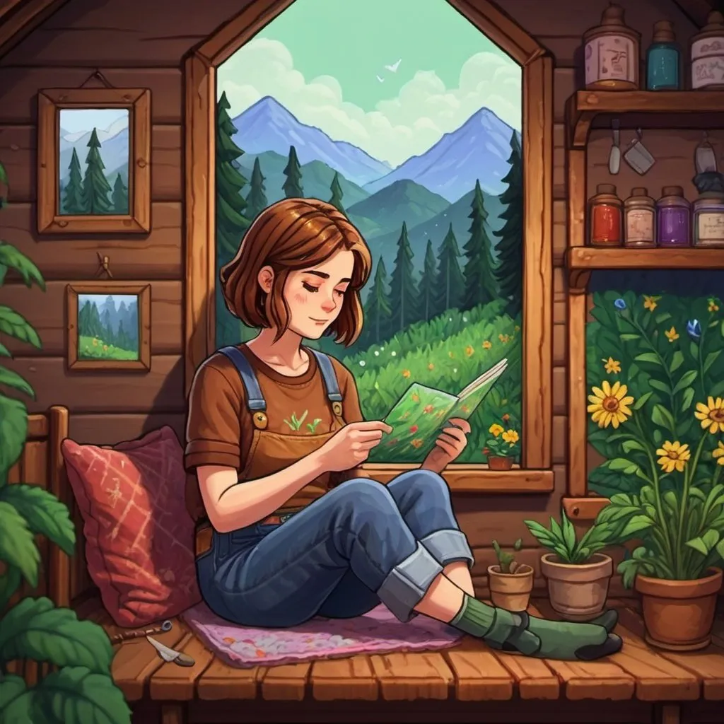 Prompt: painting in the style of stardew valley of a woman in a forest with brown hair in a bob style, sitting in a comfy space doing some embroidery