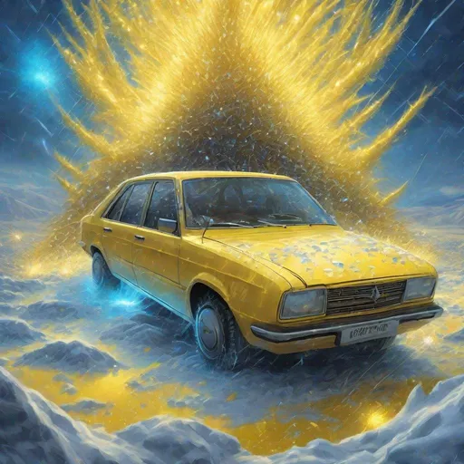 Prompt: Picture with yellow soviet car. There is a huge blue magic force field above the car. The magic field looks like a covered with bright shimmering runes. A swarm of huge ice crystals fly into the car, several crystals crash into the field, leaving bright flashes of blue sparks