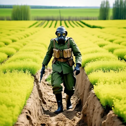 Prompt: a lone soldier in a gas mask stands in a trench in the middle of a green blooming field and shoots in all directions