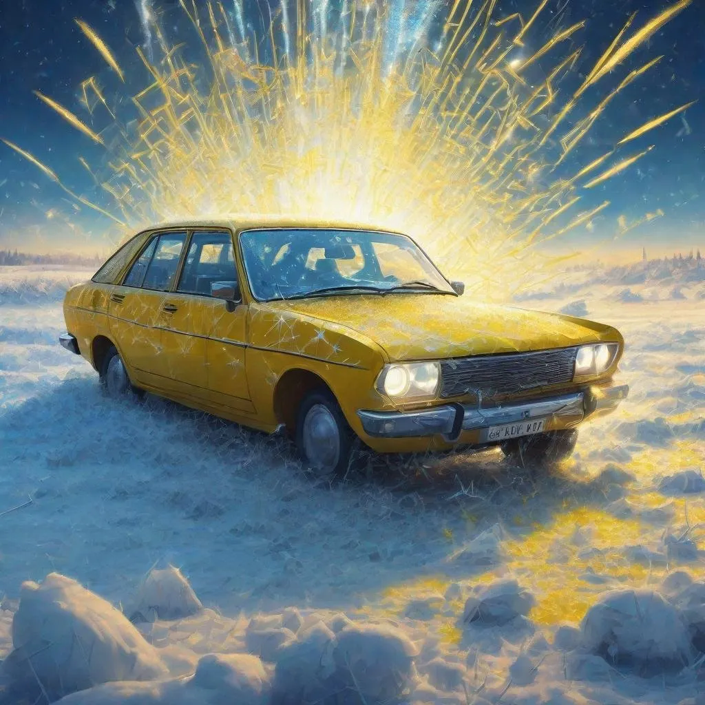 Prompt: Picture with yellow soviet car. There is a huge blue magic force field above the car. The magic field looks like a covered with bright shimmering runes. A swarm of huge ice crystals fly into the car, several crystals crash into the field, leaving bright flashes of blue sparks
