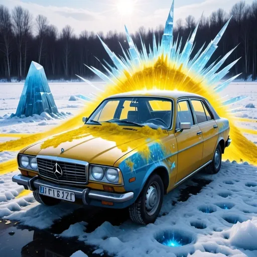 Prompt: Picture with yellow soviet car. There is a huge blue magic force field above the car. The magic field is covered with bright shimmering runes. A swarm of huge ice crystals fly into the car, several crystals crash into the magic field, leaving bright flashes of blue sparks