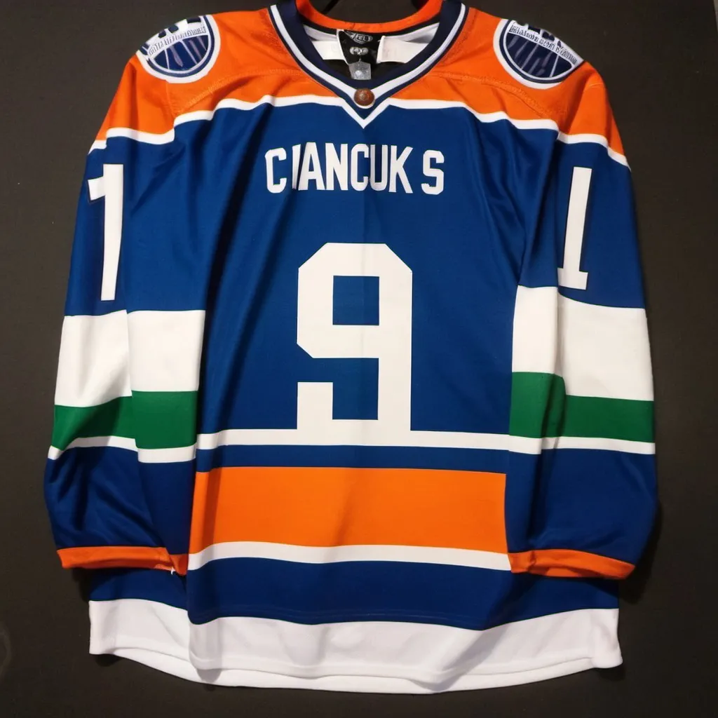 Prompt: Half Canucks and half Oilers jersey in hockey