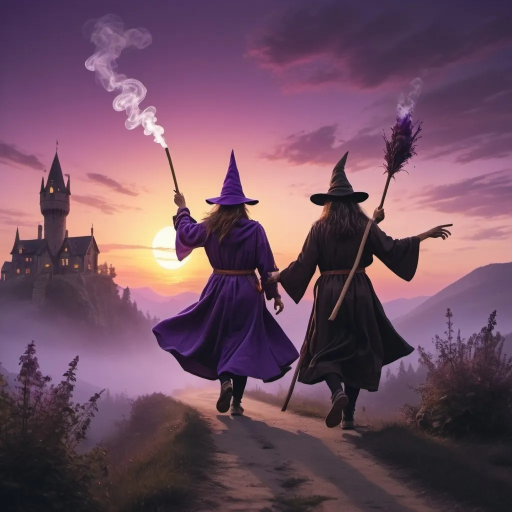 Prompt: create a scene with two wizards, one male, one female, riding on broomsticks towards a purple sunset, while smoking weed


