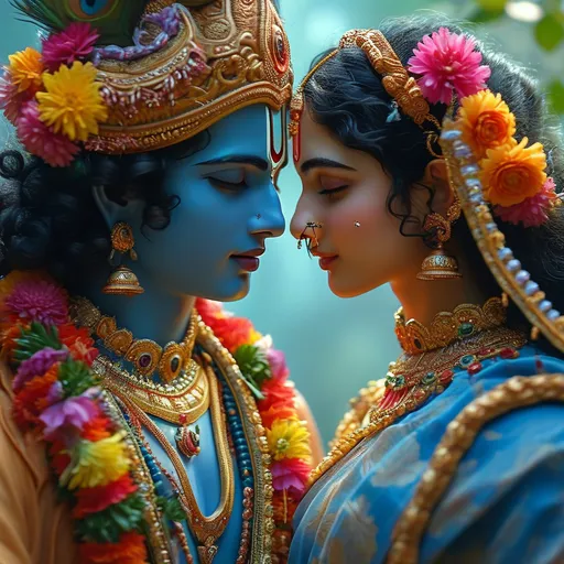 Prompt: visual theme "Jai Radha Madhav"), intricate representation of Radha and Madhav, vibrant colors, ethereal ambiance, blue background, serene expressions, detailed clothing with traditional patterns, dynamic poses, radiant sunlight filtering through trees, high quality and ultra-detailed artwork, evoking a sense of harmony and divine love.