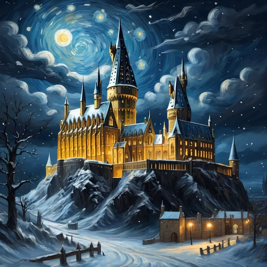 Prompt: A vincent van gogh starry night inspired picture of hogwarts covered in snow during a storm