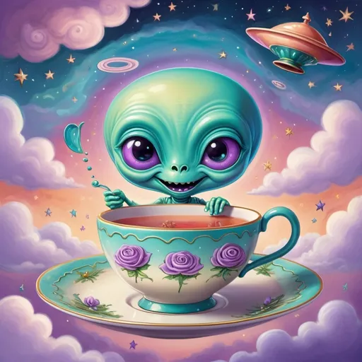 Prompt: Create an image that illustrates the following riddle.
Why do extraterrestrials always spill their tea?
Because they have flying saucers.

Make the tea saucer look like it is flying

Add an alien in the picture



