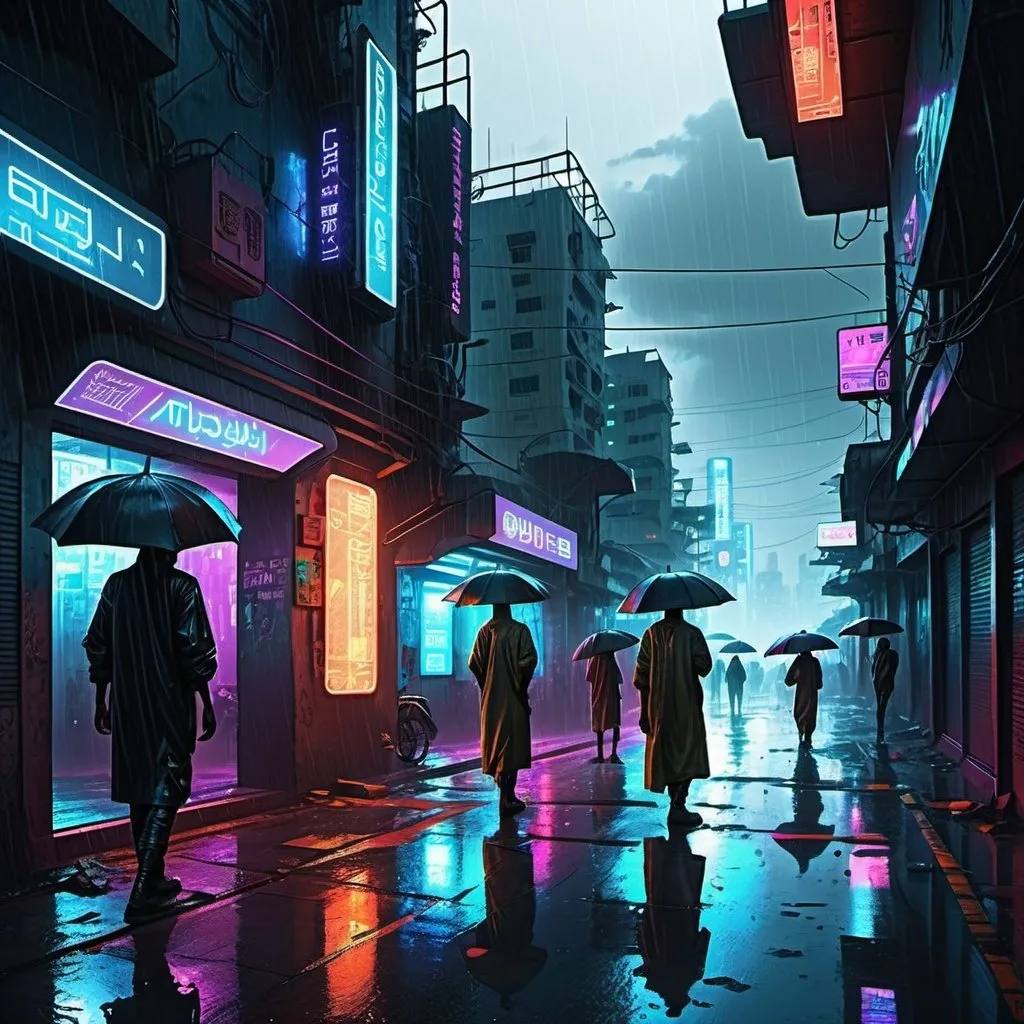 Prompt: Rainy day in Mogadishu 2024, highly-detailed digital illustration, futuristic cyberpunk style, dark and moody atmosphere, neon lights reflecting on wet streets, towering futuristic buildings, cybernetic enhancements on people, high-tech umbrellas, rainy cityscape, cybernetic enhancements, neon-lit streets, futuristic fashion, highres, ultra-detailed, cyberpunk, rainy, futuristic, neon lights, cybernetic enhancements, urban landscape, moody atmosphere