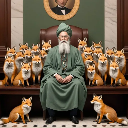 Prompt: Give me an 19th century image of a sage in the halls of power (legislative assembly) with little foxes around him.