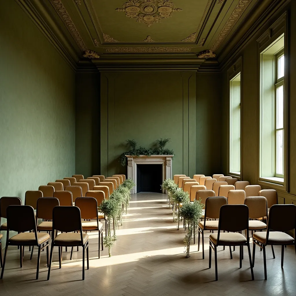 Prompt: Liminal space of an olive green old room with chairs arrangement for a wedding