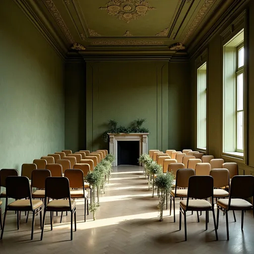 Prompt: Liminal space of an olive green old room with chairs arrangement for a wedding