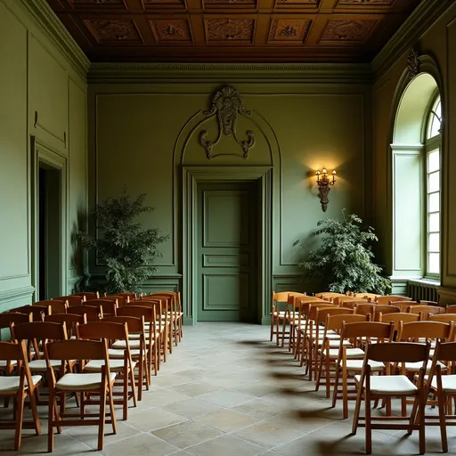 Prompt: Liminal space of an olive green old room with chairs arrangement for a wedding