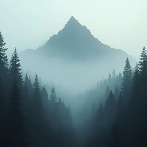 Prompt: Liminal space. A fog covered forest and a huge mountain behind the forest