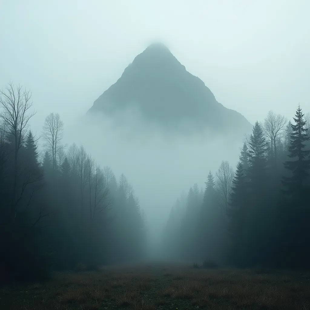 Prompt: Liminal space. A fog covered forest and a huge mountain behind the forest