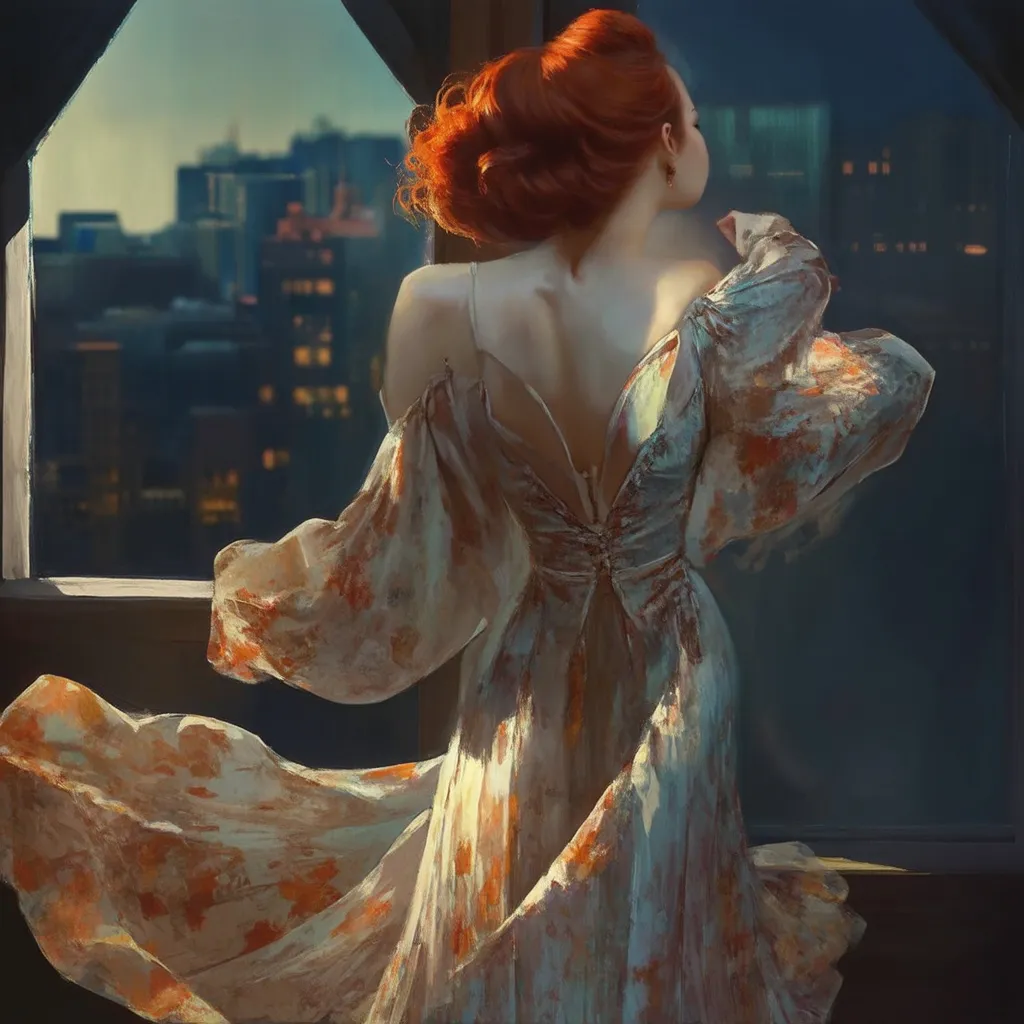 Prompt: The image is a digital art piece that appears to be a portrait of a woman with red hair. She is standing in front of a window with a view of a cityscape in the background. The woman is wearing a long, flowing dress with intricate patterns and designs on it. Her hair is styled in an updo with loose curls framing her face.

In the center of the image, there is a large, circular mirror that reflects the woman's face and the cityscape. The mirror is surrounded by autumn leaves in various shades of orange, yellow, and red, creating a warm and cozy atmosphere. The leaves are scattered around the woman, adding to the autumnal feel of the scene. The background is dark and out of focus, making the woman and the mirror stand out even more.