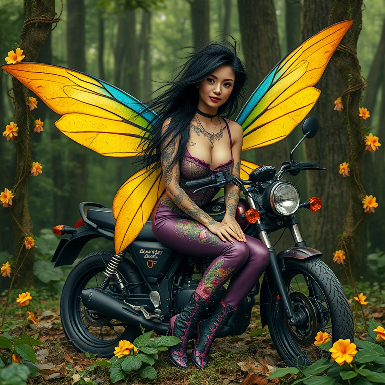 Prompt: A forest with flowery vines wrapped around trees with a beautiful spanish female fairy with yellow and blue wings long black hair whined tossed hair and a sleeveless purple leather pants suit with full body floral tattoos sitting and smiling next to her motorcycle