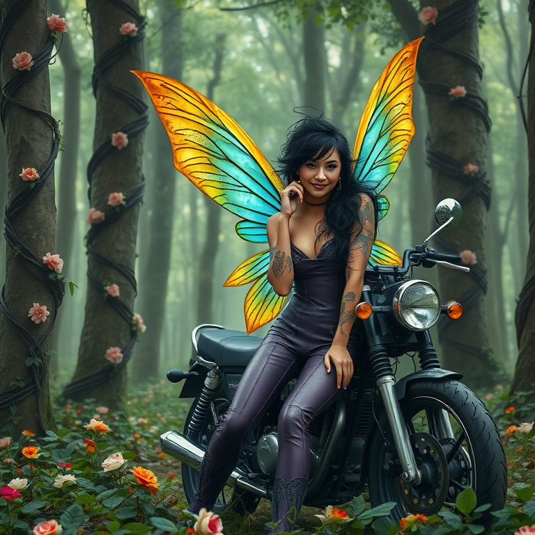 Prompt: A forest with flowery vines wrapped around trees with a beautiful spanish female fairy with yellow and blue wings long black hair whined tossed hair and a sleeveless purple leather pants suit with full body floral tattoos sitting and smiling next to her motorcycle