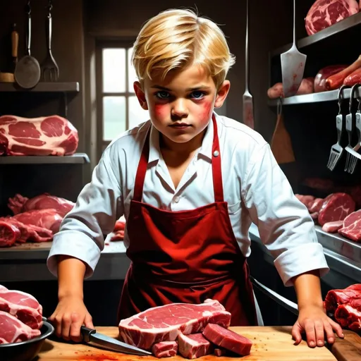 Prompt: Create an image of a butcher boy, the image have to has intenae colors and style comic