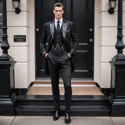 Prompt: a handsome tall man wearing a full formal suit and tie with a leather harness and black leather gloves holding his black Chelsea formal ankle shoes